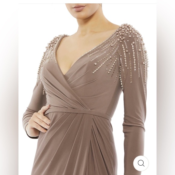 Mac Duggal Mocha FAUX WRAP JERSEY GOWN W/ EMBELLISHED ACCENTS Size 16 NWT - Picture 4 of 13